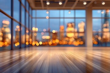 Empty contemporary room with city lights view, warm lighting
