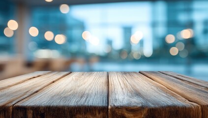 Textured wooden surface with soft, blurred background of interior lights and windows
