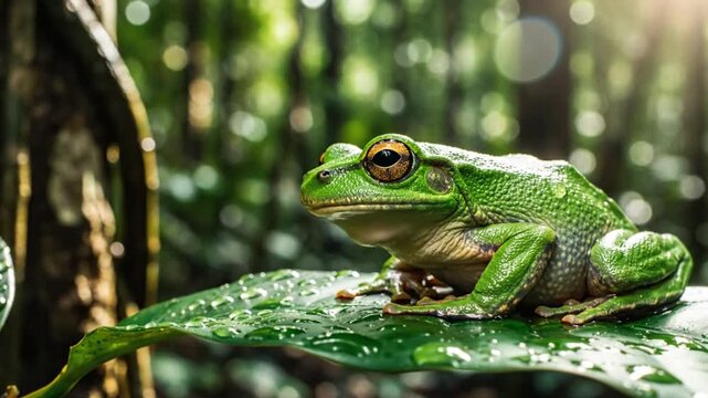 Australian green tree frog sitting on a lush green leaf in a rainforest environment during a sunny day
