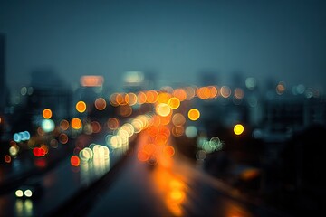 Blurry city highway at night with glowing bokeh lights