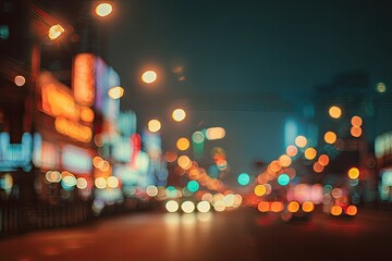 Blurred city lights at night, creating a dreamlike bokeh effect with vibrant colors