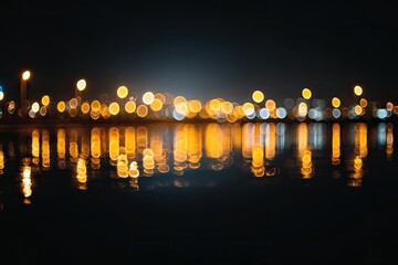 Abstract city lights reflect on dark, calm water at night