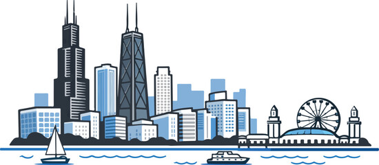 Naklejka premium Chicago city skyline with sailboat and ferris wheel at dusk