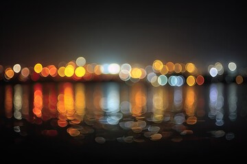 Softly blurred city lights shimmer on dark water, creating a dreamlike ambiance