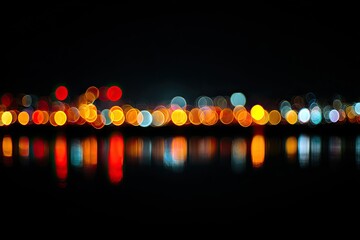 Out-of-focus city lights create colorful, glowing circles reflected on dark water