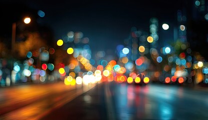 Blurry nighttime city street with glowing bokeh lights reflecting on wet asphalt