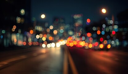 Blurry night cityscape with glowing traffic lights and urban glow