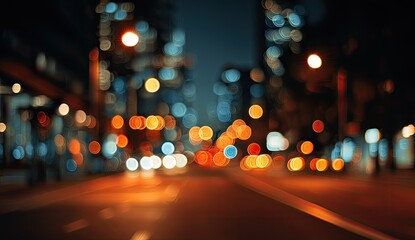 Blurred night city street with illuminated buildings and traffic lights