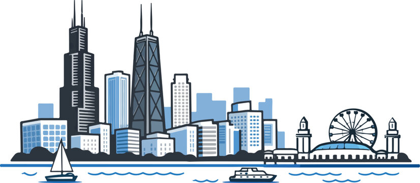 Chicago city skyline with sailboat and ferris wheel at dusk