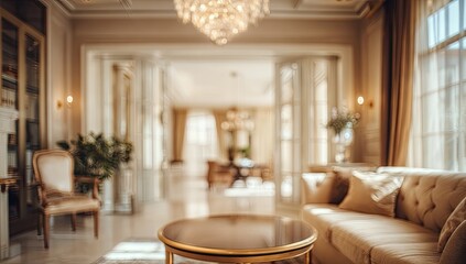 Elegant, softly lit living room with plush sofa and ornate details