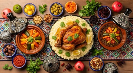 Traditional moroccan feast with roasted chicken couscous and tagines