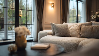 Plush sectional sofa and coffee table in a well-lit, elegant living room
