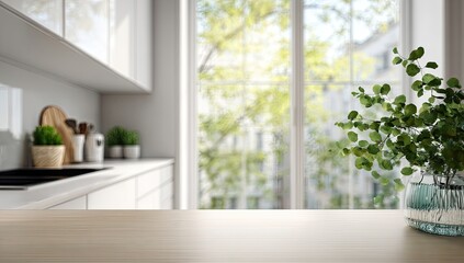 Bright, modern kitchen counter with green plant, sunlit window
