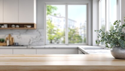 Bright, modern kitchen with large windows, natural light, and greenery