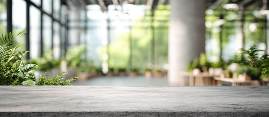 A concrete surface with lush green plants and a blurred modern interior background