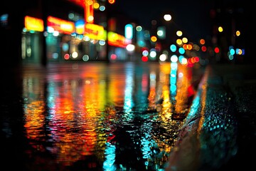 Vibrant city lights reflect on wet street pavement at night
