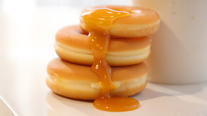 Bakery Art: Golden Donuts with Caramel Sauce on a White Background.