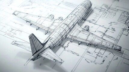 A detailed blueprint of an airplane, showcasing engineering design and technical illustration.