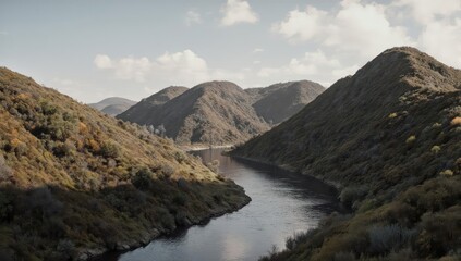 Serene river winds through autumnal hills, bathed in soft sunlight