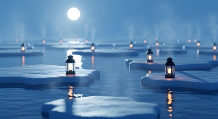 Lanterns on Ice Winter Harbor Cinematic Background