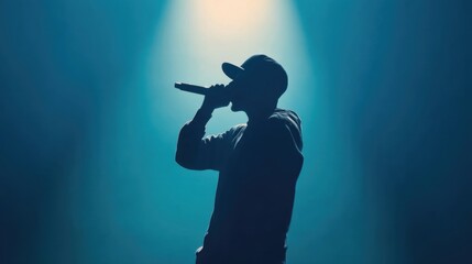 Silhouette of Rapper in Spotlight During Live Music Performance in Dark Setting with Energetic Atmosphere and Excitement