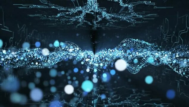 A futuristic digital landscape featuring particles, circuits, and technology, viewed from a futuristic perspective.