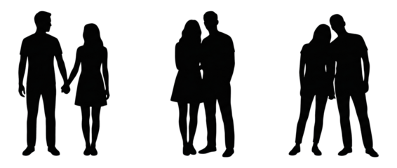 Silhouettes of couples holding hands and embracing, romantic relationships