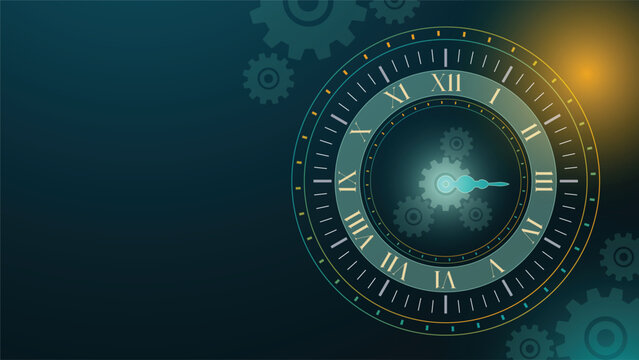 Futuristic mechanical clock background with roman numerals glowing center gears and modern technology theme ideal for time engineering innovation science and digital concept designs
