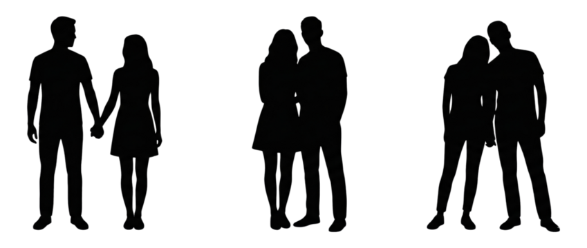 Silhouettes of couples holding hands and embracing, romantic relationships - Powered by Adobe