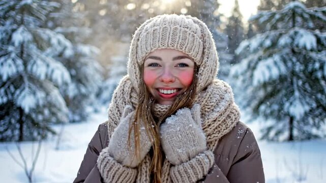Happy woman bundled up smiling in winter wonderland with falling snow and snow-covered trees