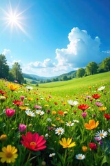 A vibrant meadow bursting with wildflowers in full bloom under a bright spring sky, signifying freedom and joy , flora, wilderness, day