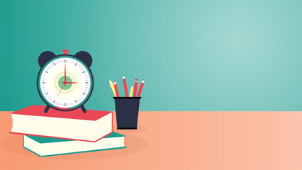 Education and study time management concept showing alarm clock on stacked books with pencils symbolizing learning focus discipline exam preparation and academic productivity
