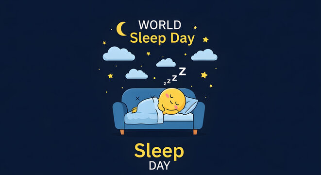 Cute emoji character sleeping soundly on a couch under the night sky for world sleep day