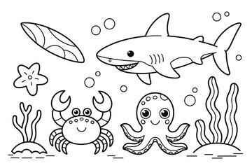 Obraz premium A black and white illustration of a smiling shark, crab, and octopus in an underwater scene with seaweed and bubbles.