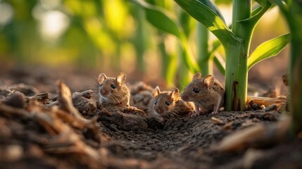 Obraz premium Cute Mice Gathering in a Cornfield Surrounded by Green Stalks at Sunset Creating a Serene Natural Scene