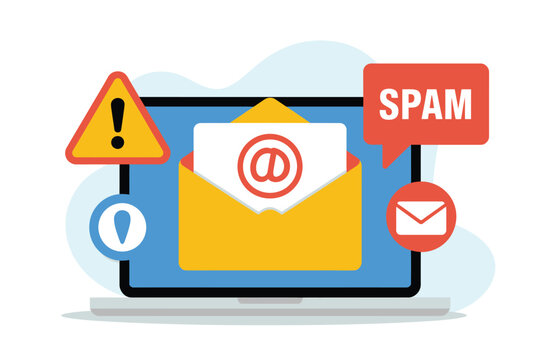 A graphic illustration of a laptop with a yellow envelope and red warning signs indicating spam email
