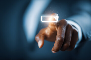 hand pushing a button on a touch screen interface