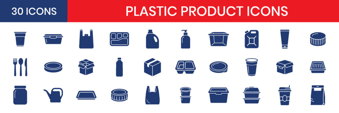 Plastic Product Fill Color Icon Set For Packaging And Containers