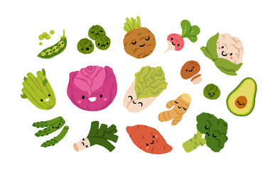 Fototapeta premium Set of vector illustrations in children's style. Cute vegetables in different poses and with cute faces. Cabbage ginger broccoli peas sweet potato avocado cauliflower asparagus and radish