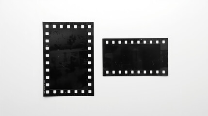 Two black film strip frames are shown against a white background a vertical frame on the left and a horizontal frame on the right. They feature classic 35mm film style with sprocket holes.