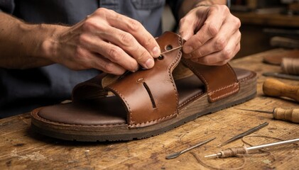 Medium shot of skilled craftsperson reinforcing wide sandal bands highlighting durable stitching methods and careful attention to strap strength and comfort.