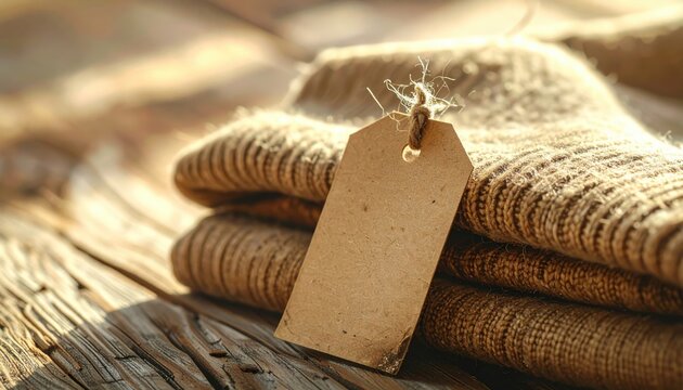 Blank brown price tag attached to folded rustic wool clothing on a weathered wooden table bathed in soft daylight
