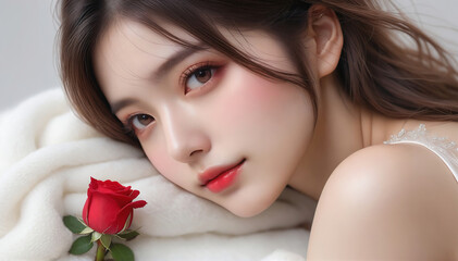 Beauty portrait of a beautiful young woman. Beautiful natural face, beauty image, red rose flower.美しい若い女性の美容ポートレート。美しい素顔、美容イメージ、赤い薔薇の花。
