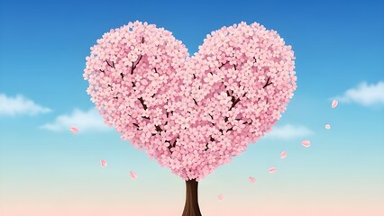 Heart-shaped cherry blossom tree in full bloom under a blue sky