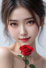 Beauty portrait of a beautiful young woman. Beautiful natural face, beauty image, red rose flower.美しい若い女性の美容ポートレート。美しい素顔、美容イメージ、赤い薔薇の花。