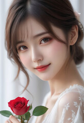 Beauty portrait of a beautiful young woman. Beautiful natural face, beauty image, red rose flower.美しい若い女性の美容ポートレート。美しい素顔、美容イメージ、赤い薔薇の花。