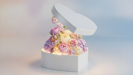 Heart-shaped box overflowing with vibrant flowers and soft glow
