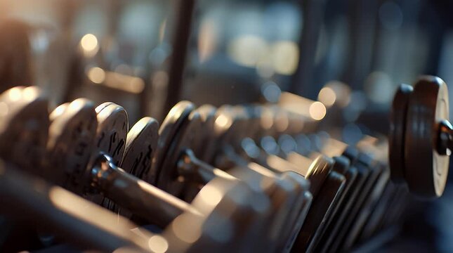 A row of dumbbells in a gym setting with sunlight casting a glow on the equipment from a close-up perspective.