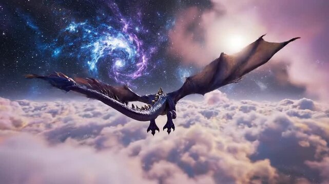 Majestic purple dragon soars above the clouds against a starry sky with a glowing nebula in the distance