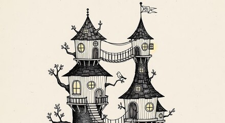 Naklejka premium Whimsical treehouses are connected by bridges with a bird perched nearby.